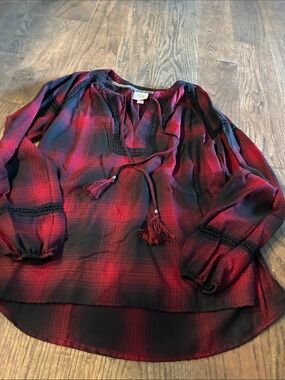 Knox Rose Red and Black Plaid Tassel Peasant Tunic